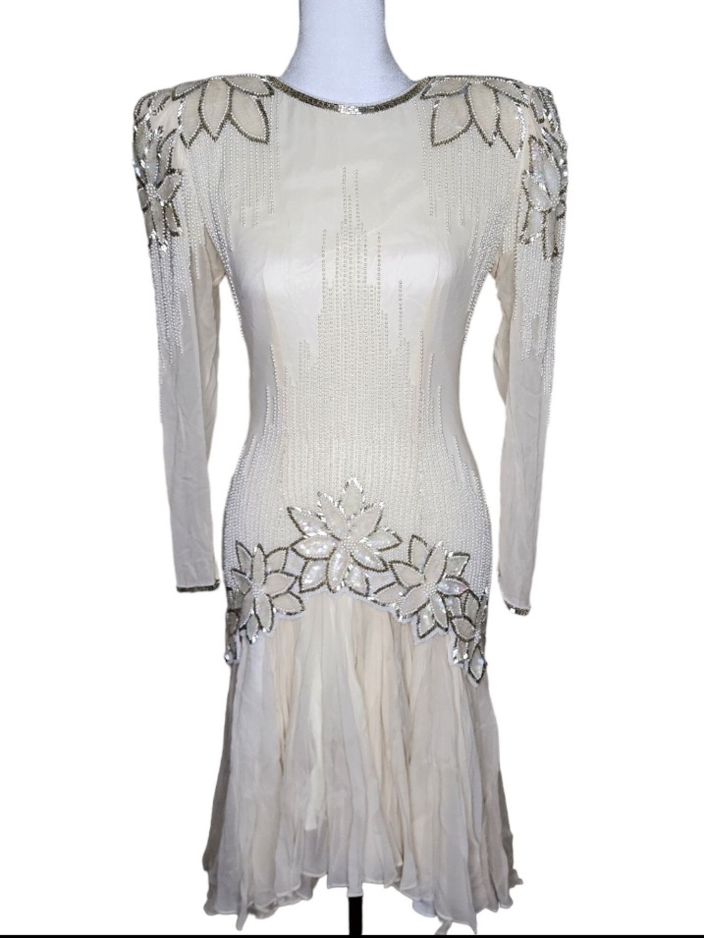 VINTAGE SILK HAND BEADED FLAPPER STYLE DROP WAIST IVORY DRESS SZ 6